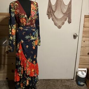 FARM Rio Blue Wrap Gown with Plunge Neckline and Bishop Sleeves